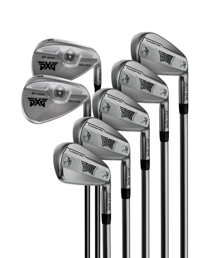 Set of golf clubs on a white background