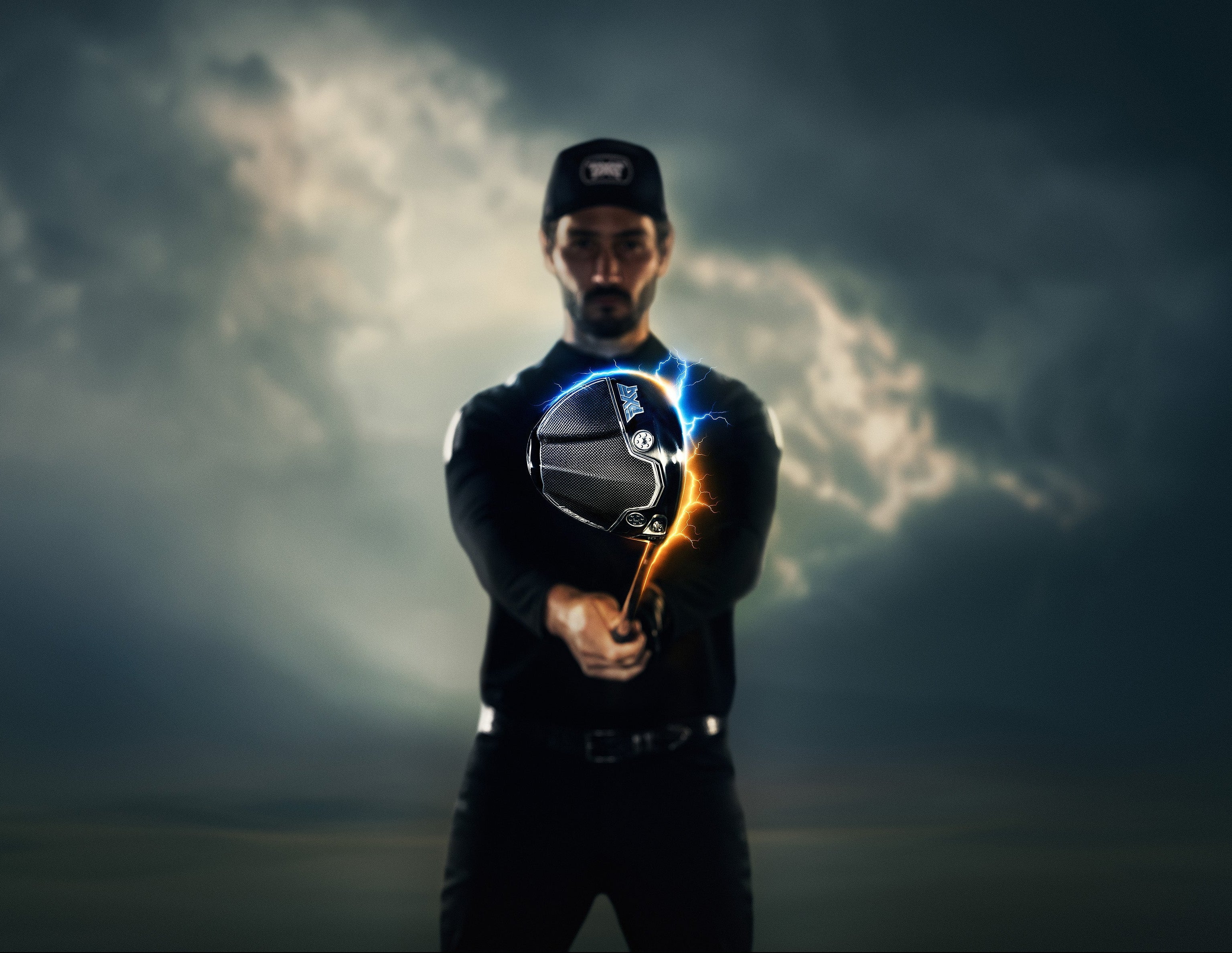 Golfer holding the PXG Lightning Driver with lightning effects and storm clouds