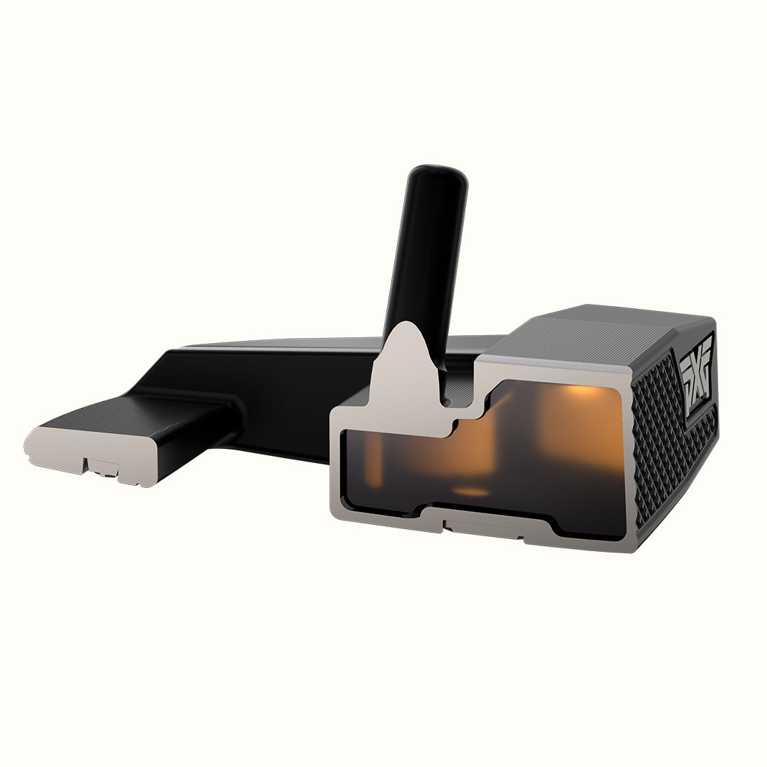 Black and silver putter with pxg branding on a white background