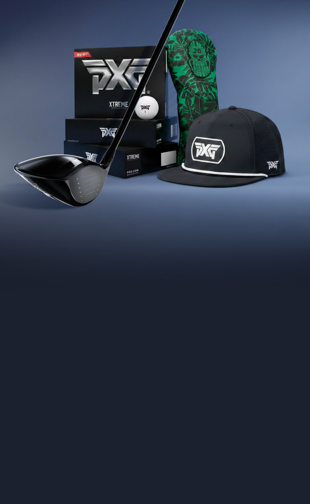 Golf club, golf ball, and PXG cap on a blue background