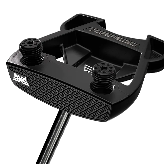 Close-up studio shot of a black golf putter head with visible screws and textured face, branded with PXG and TORPEDO, on a white background.