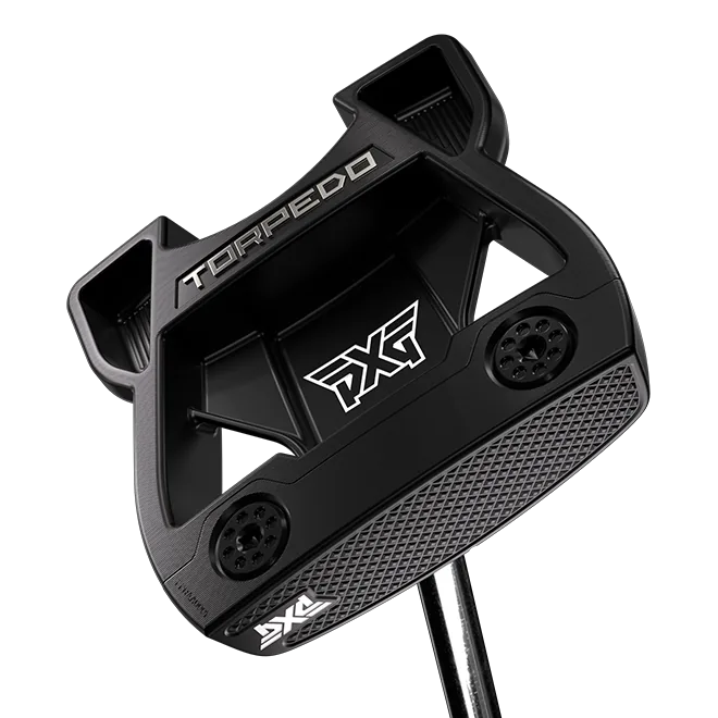 A black PXG Torpedo golf putter head with white branding, shown at an angle on a clean white background.