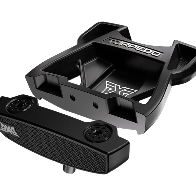 Black forged steel golf club headstock and lie plate assembly with silver and white PXG and TORPEDO branding, shown on a clean white background.