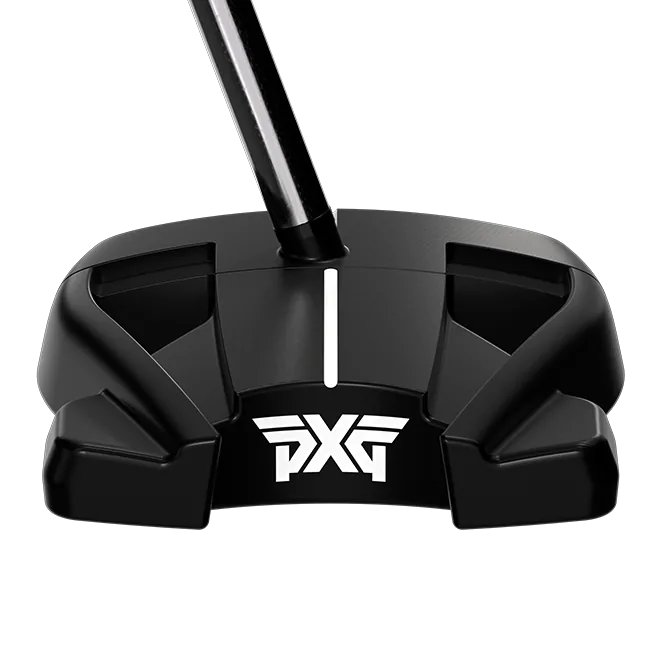 A black PXG golf putter head with a white logo and center line, shown against a solid white background.