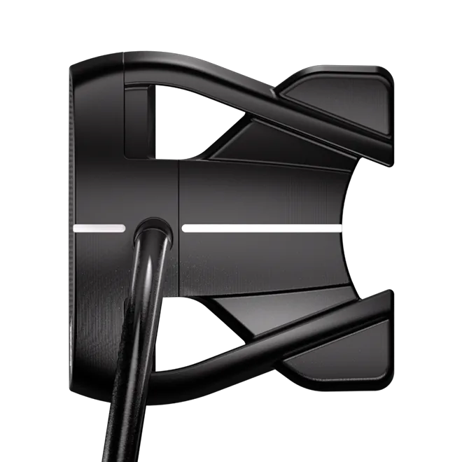 Close-up studio shot of a black golf putter head with a visible shaft, shown against a plain white background.