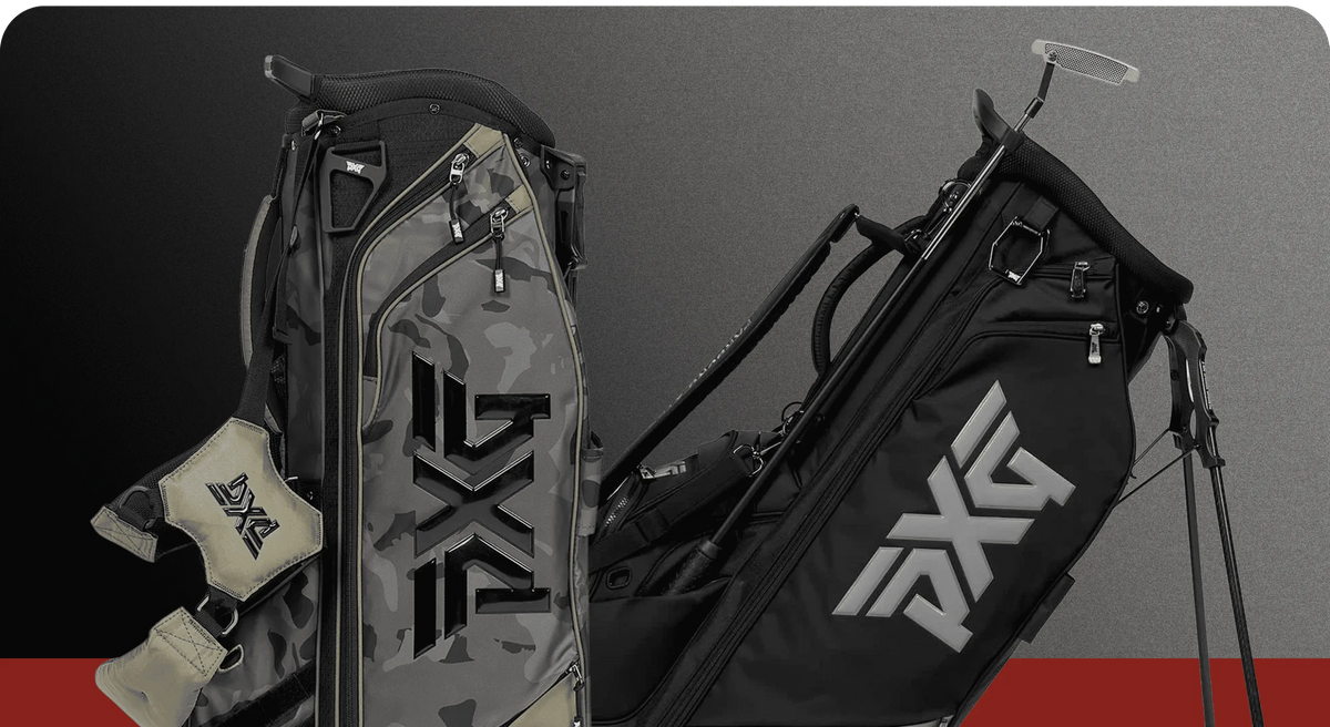 Two PXG golf bags shown on a dark gray studio background with a red strip at the bottom. One bag is black with a large silver PXG logo and visible club shafts, and the other is a gray-and-black camouflage patterned stand bag with a beige pocket and PXG branding.