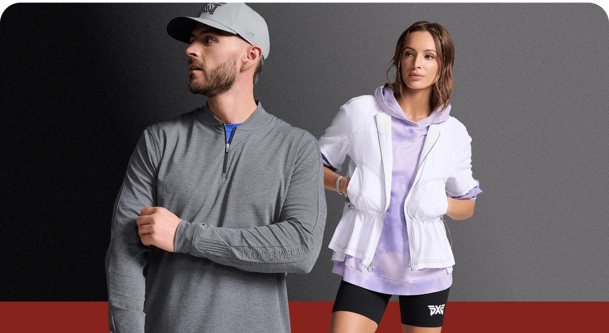 A man and woman wearing PXG golf apparel