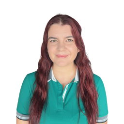A woman with long, wavy reddish-brown hair wearing a teal green polo shirt with a white collar and striped cuffs, photographed against a solid white background.