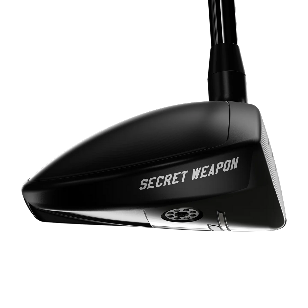 A close-up studio shot of a black golf club head with the words 'SECRET WEAPON' printed in white on the side, set against a solid white background.