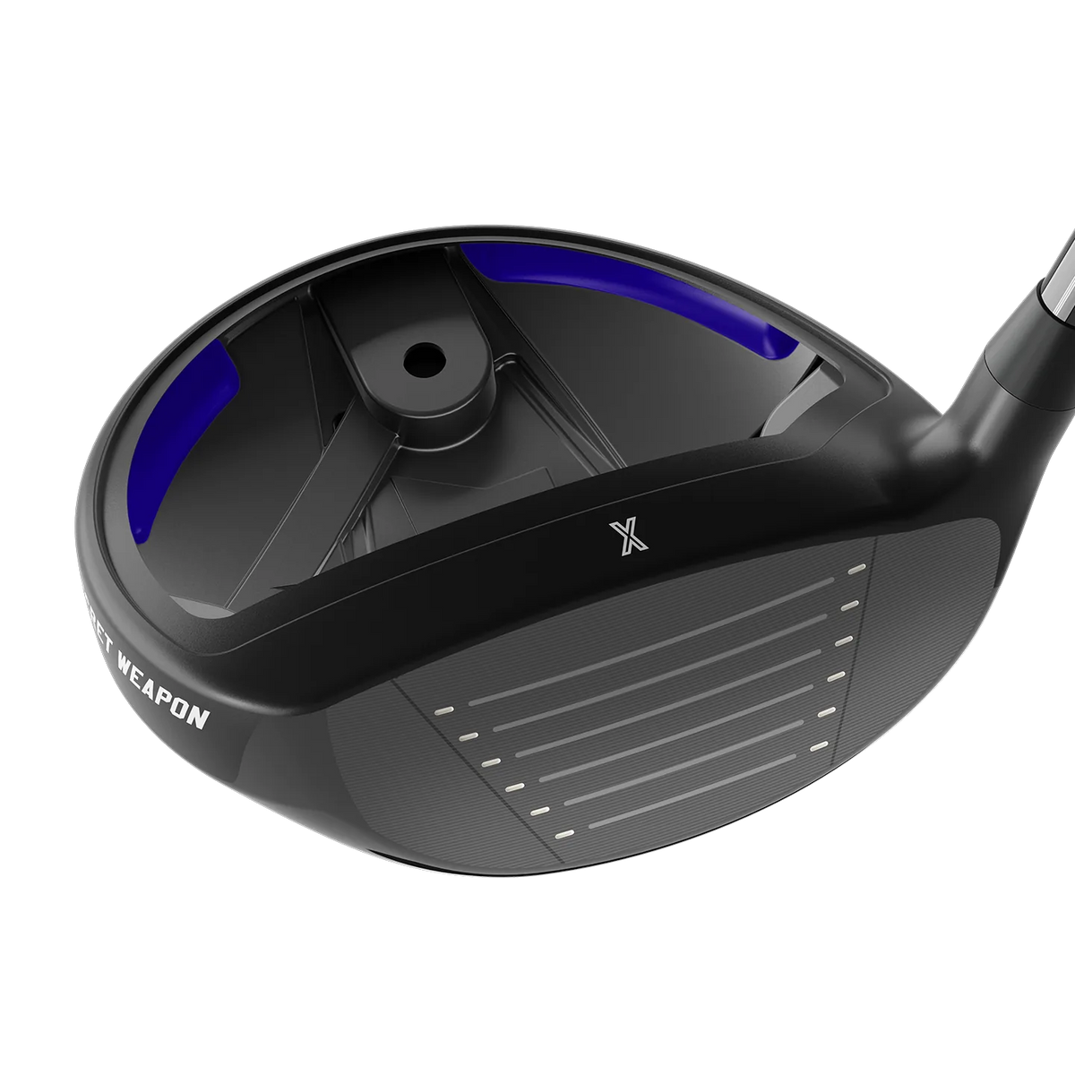 A close-up studio shot of a golf club head on a white background, featuring a matte black finish with a vibrant blue interior lining and white 'X' branding.