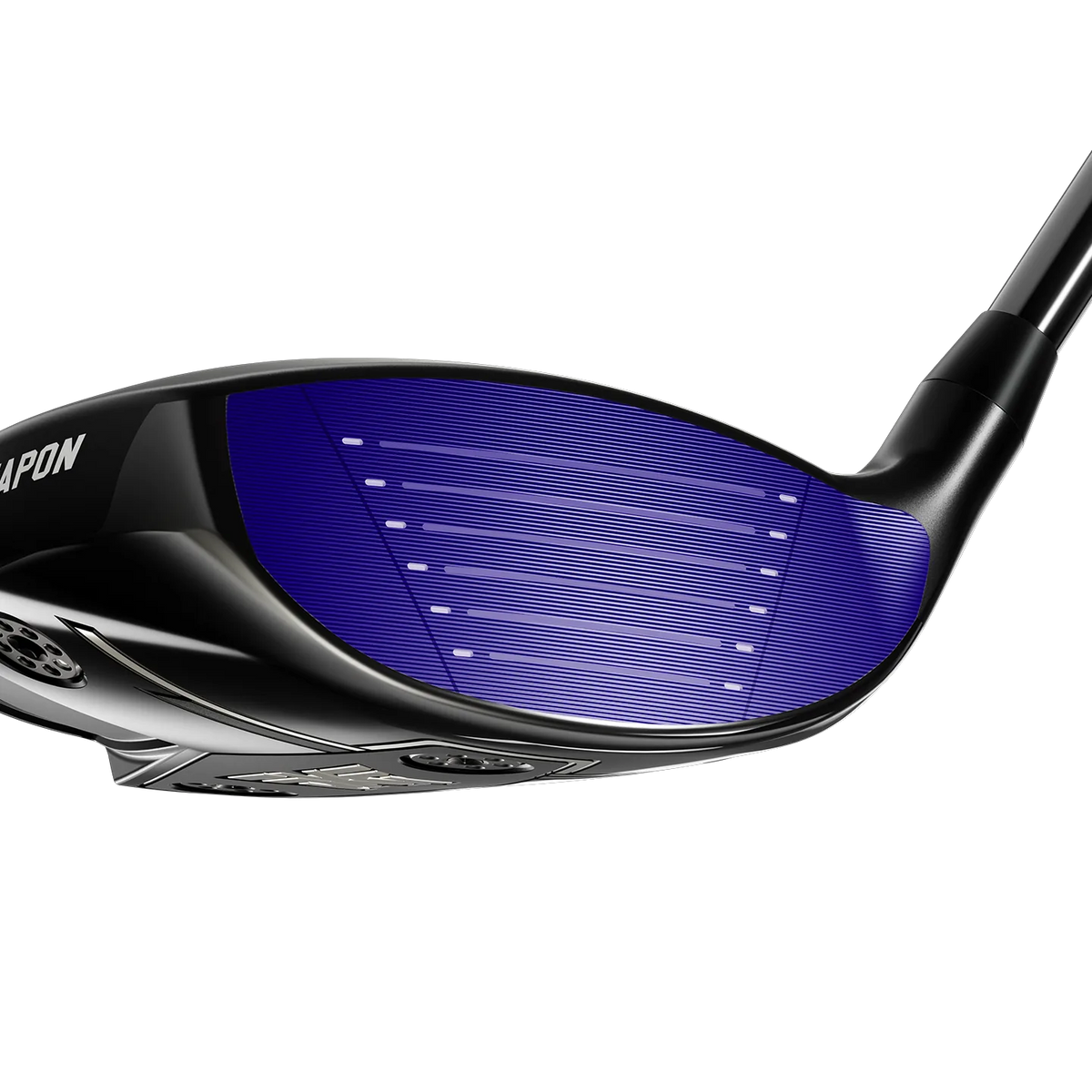 Close-up of a golf club head showing a black and purple face with white text on the side, set against a solid white background.