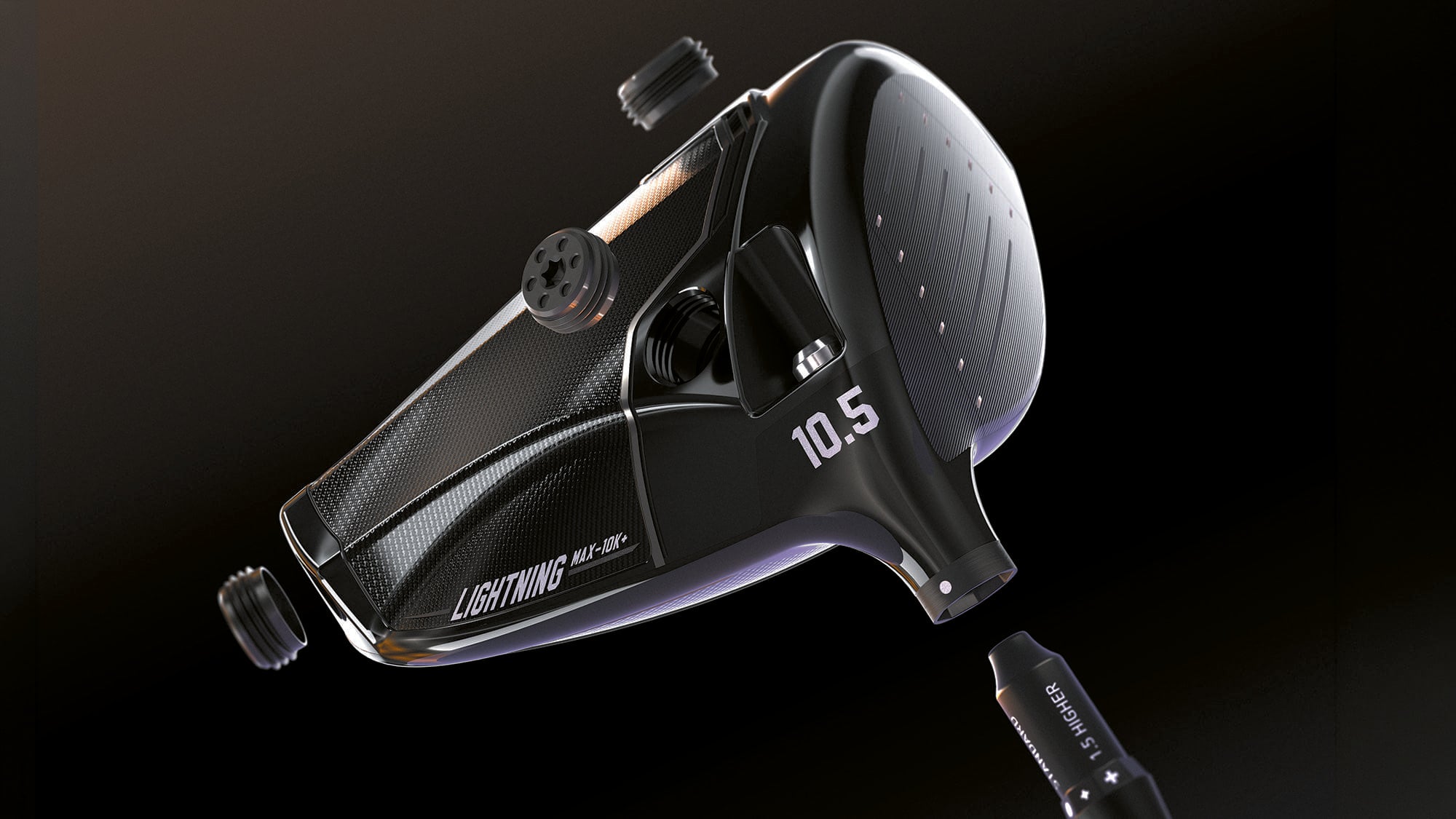 A black and dark gray golf driver head with visible carbon fiber texture, shown floating against a dark studio background. The head is labeled 'LIGHTNING HL3.