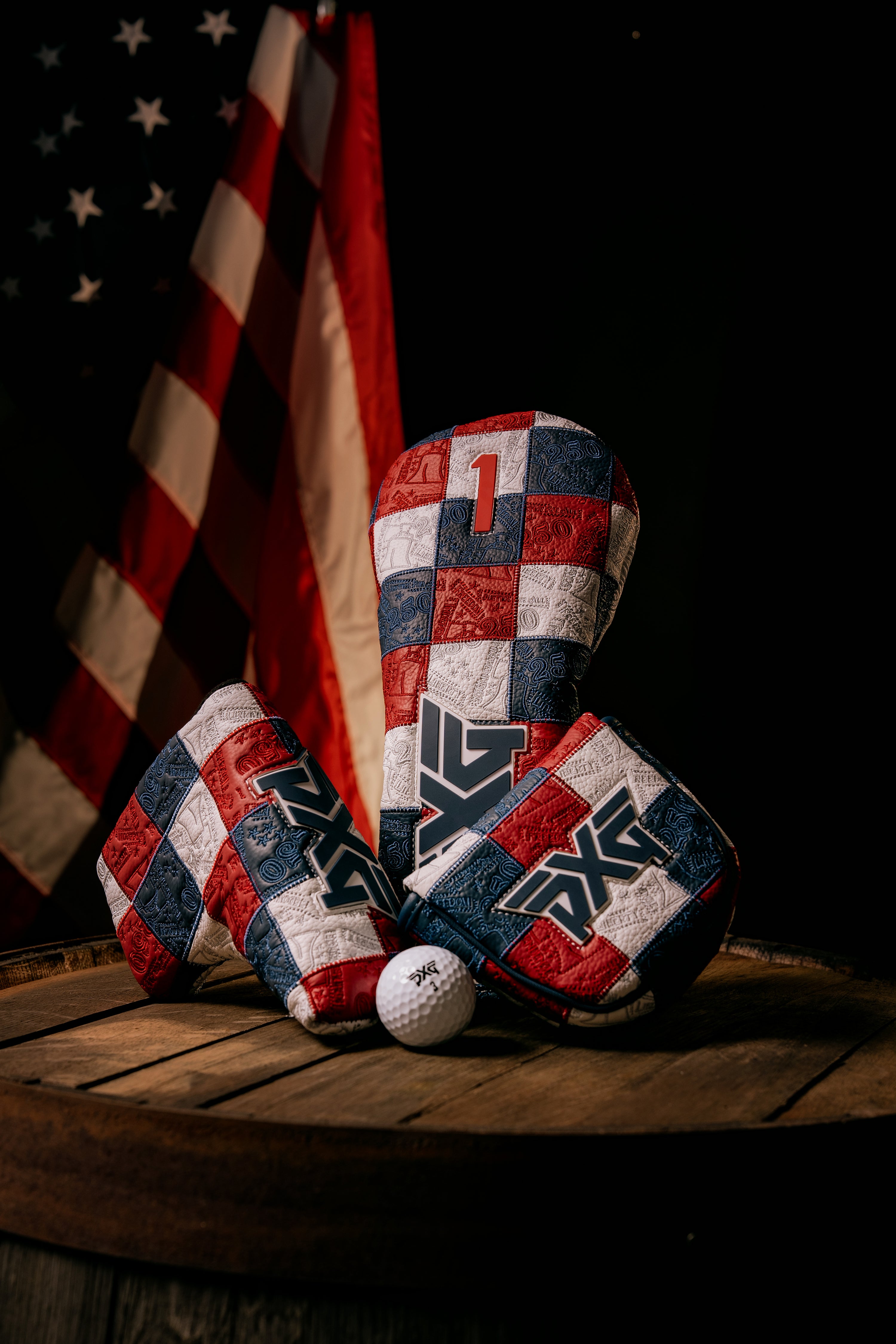 Golf club  headcovers with patriotic red white and blue patterns