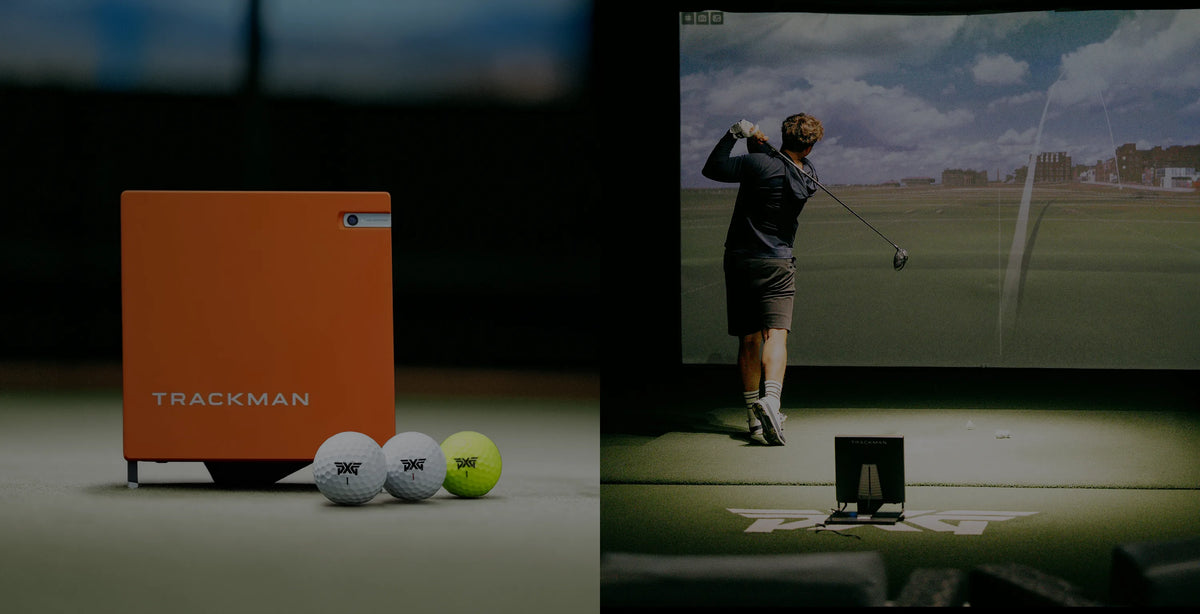 Golf training device with balls and a screen displaying a golf swing.