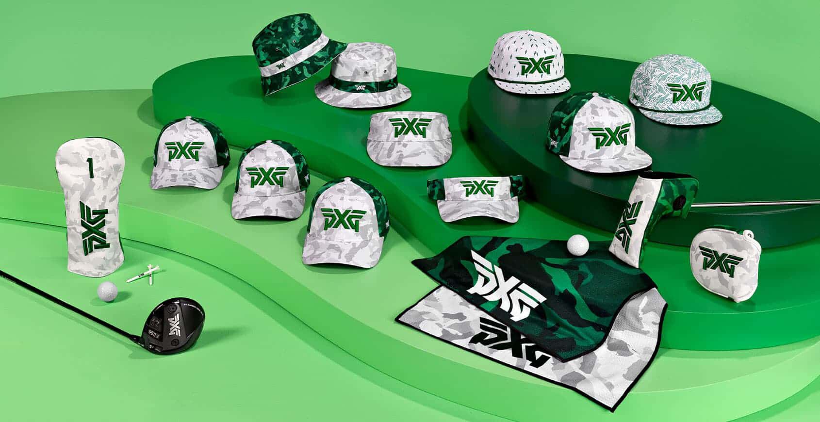various hats with green logos