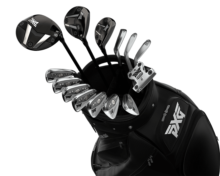 PXG golf bag filled with a full set of golf clubs