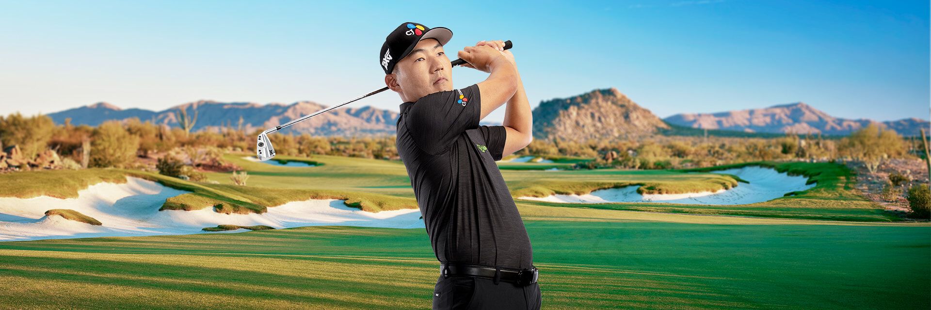 PGA TOUR PRO Sung Kang on the course swinging and iron.